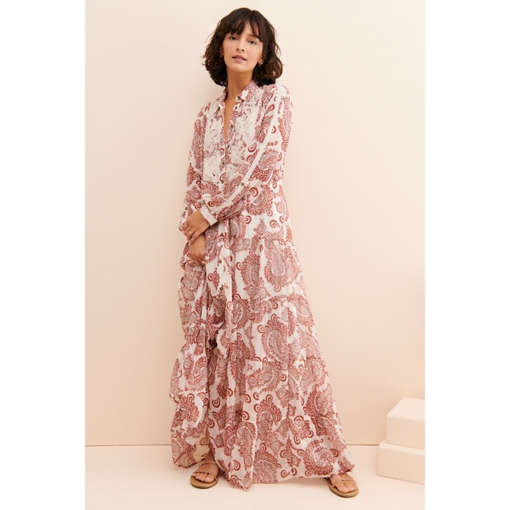 Anthropologie Allaire Red Paisley Lace Bib Maxi Dress XL Boho Long Sleeve Tiered - Picture 4 of 8